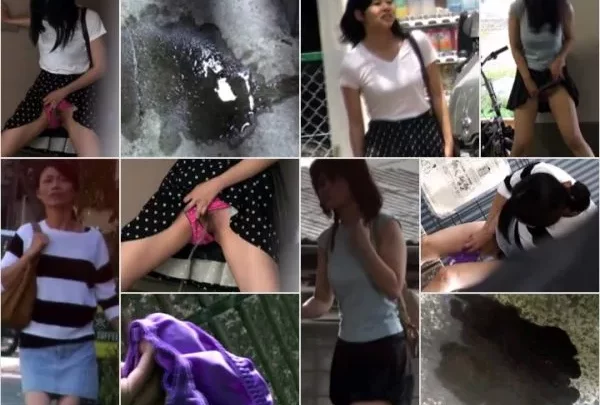 水玉模様のスカートが濡れていく…覗き見される放尿体験